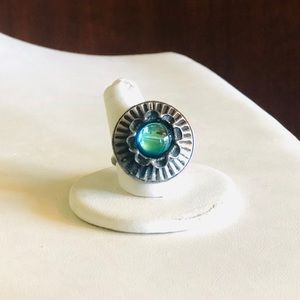 Big Aquamarine Glass Cab Silver Big Flower Ring
